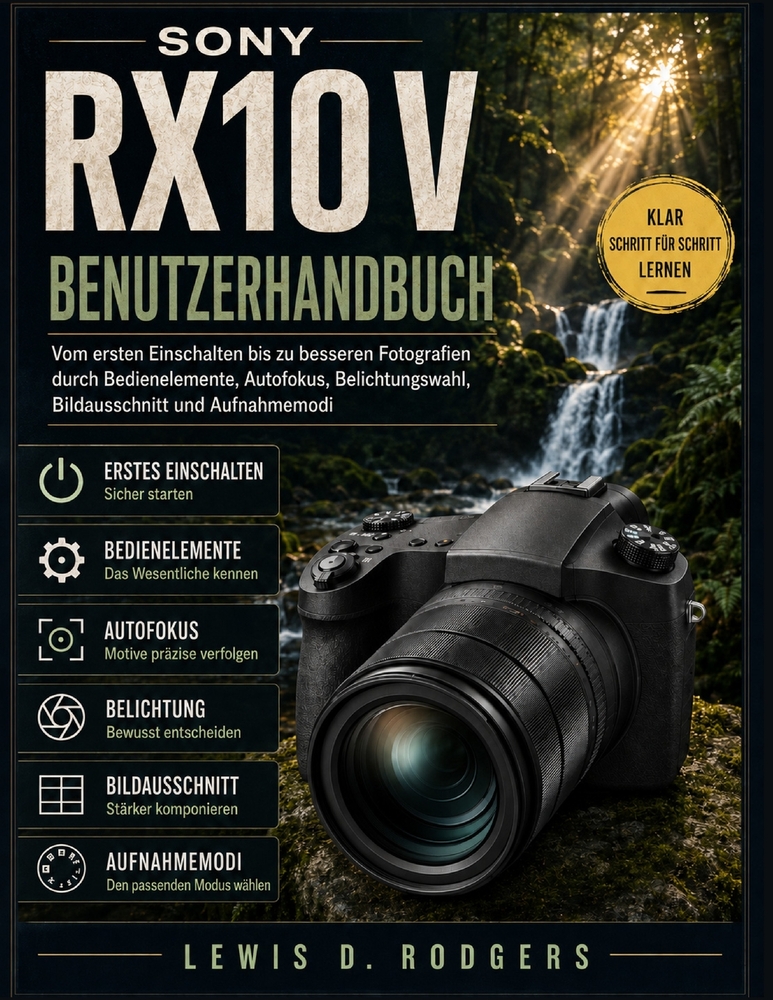 Sony RX10 V Benutzerhandbuch: Vom ersten Einschalten bis zu besseren Fotografien durch Bedienelemente, Autofokus, Belichtungswahl, Bildausschnitt und cover