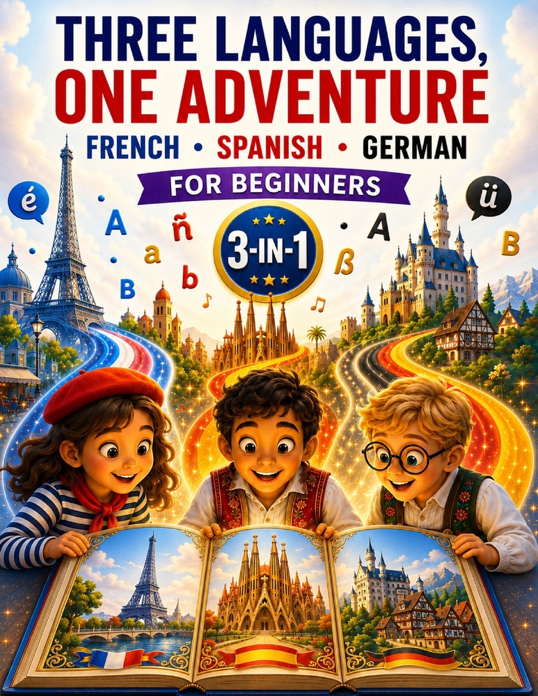Three Languages, One Adventure: French, Spanish & German for Beginners: A 3-in-1 Language Learning Book with Everyday Vocabulary, Pronunciation, Simpl cover