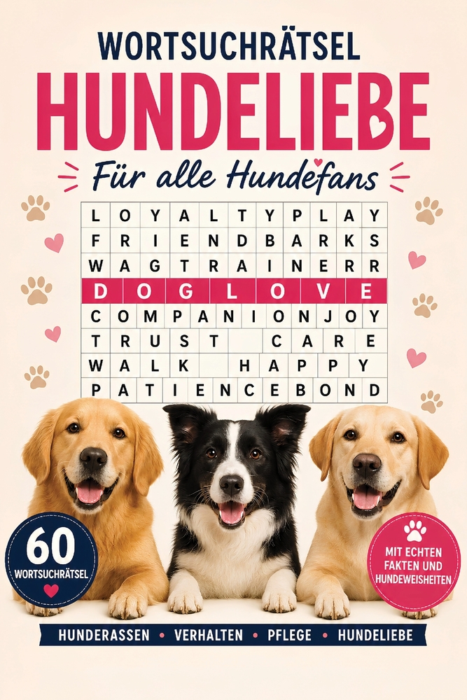 Wortsuchrätsel - Hundeliebe: Für alle Hundefans: 60 Wortsuchrätsel zu Hunderassen, Verhalten, Pflege und Hundeliebe - mit echten Fakten und Hundeweish cover