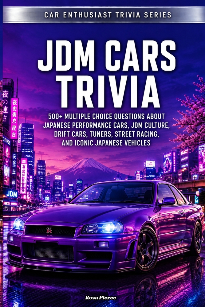 JDM Cars Trivia: 500+ Multiple Choice Questions About Japanese Performance Cars, JDM Culture, Drift Cars, Tuners, Street Racing, and Iconic Japanese V cover