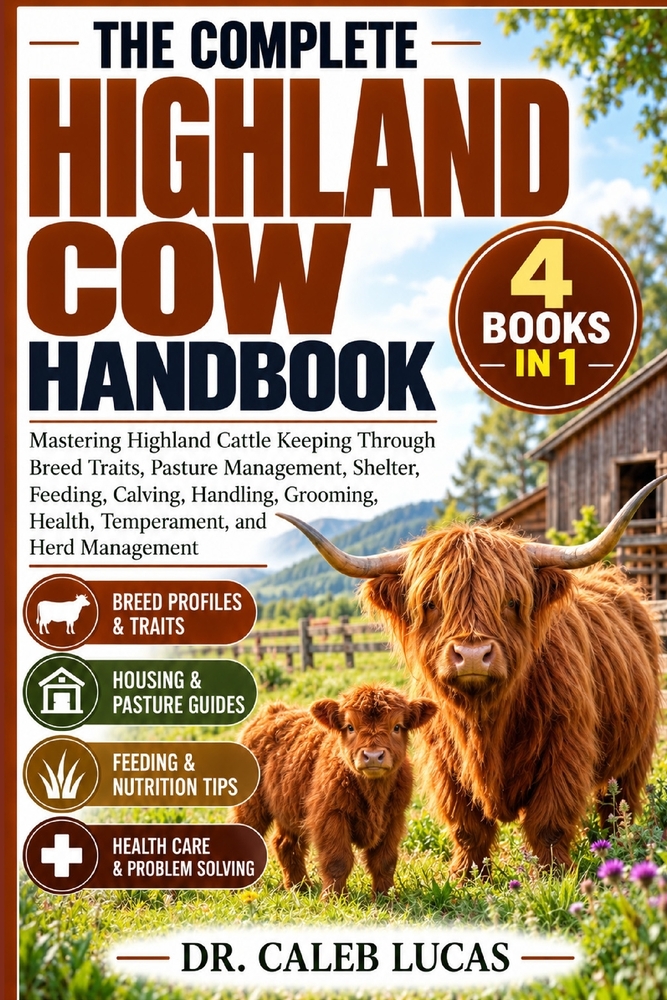 The Complete Highland Cow Handbook: Mastering Highland Cattle Keeping Through Breed Traits, Pasture Management, Shelter, Feeding, Calving, Handling, G cover