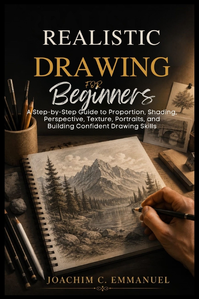 Realistic Drawing For Beginners: A Step-by-Step Guide to Proportion, Shading, Perspective, Texture, Portraits, and Building Confident Drawing Skills cover