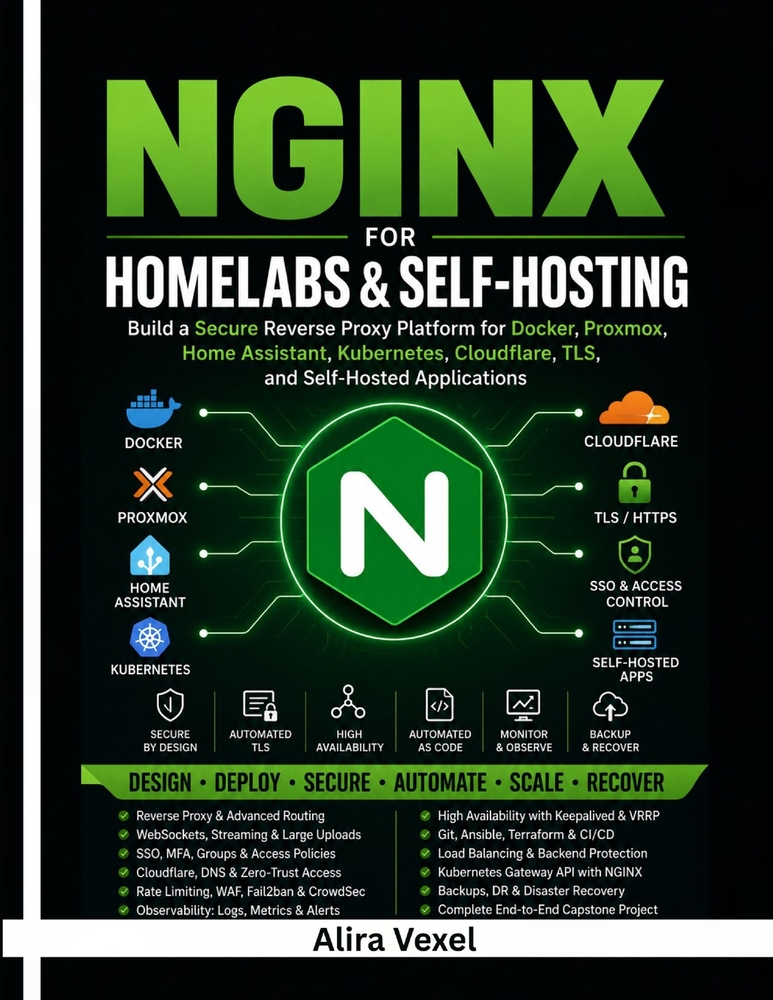 NGINX for Homelabs & Self-Hosting: Build a Secure Reverse Proxy Platform for Docker, Proxmox, Home Assistant, Kubernetes, Cloudflare, TLS, and Self-Ho cover