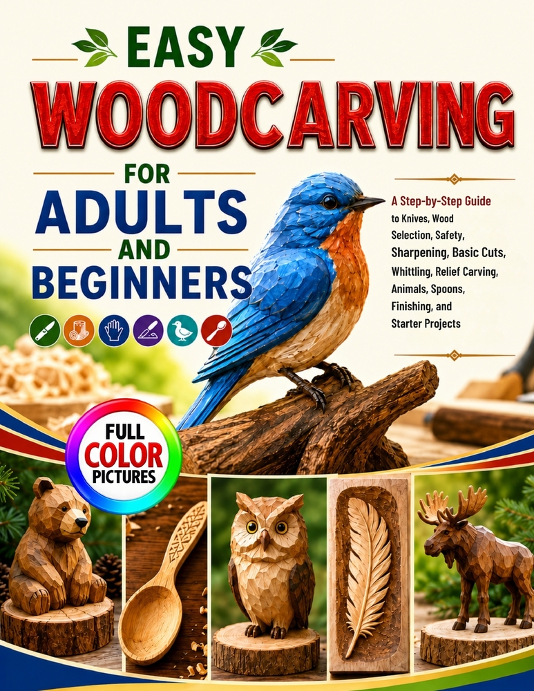 Easy Woodcarving for Adults and Beginners: A Step-by-Step Guide to Knives, Wood Selection, Safety, Sharpening, Basic Cuts, Whittling, Relief Carving, cover