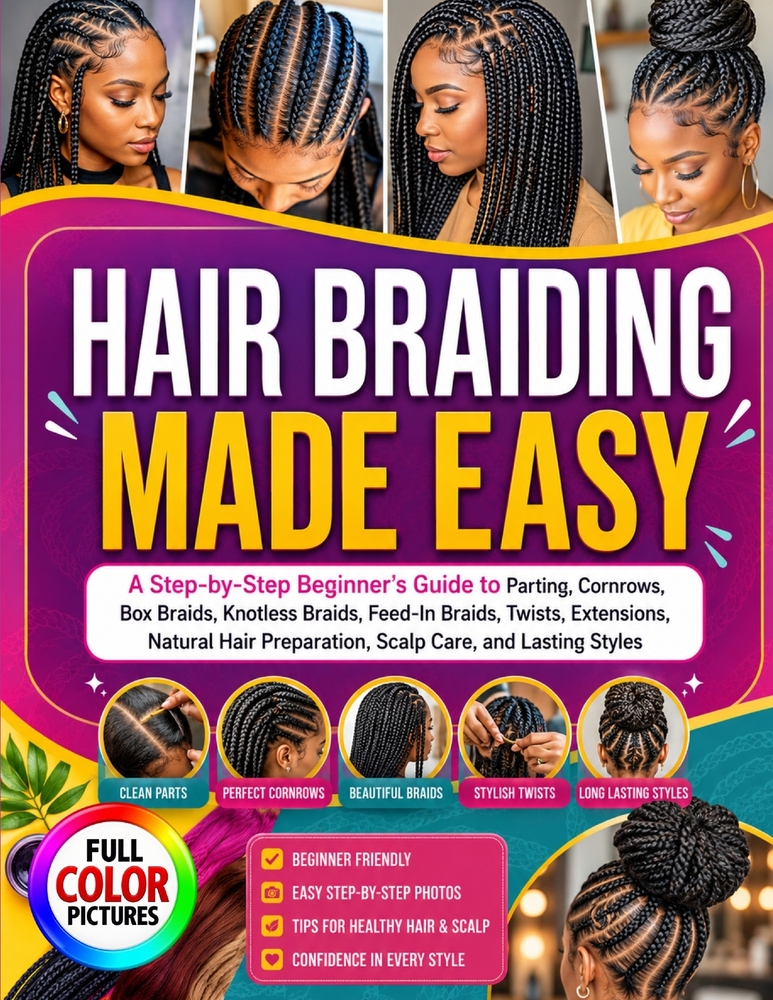 Hair Braiding Made Easy: A Step-by-Step Beginner's Guide to Parting, Cornrows, Box Braids, Knotless Braids, Feed-In Braids, Twists, Extensions, Natura cover