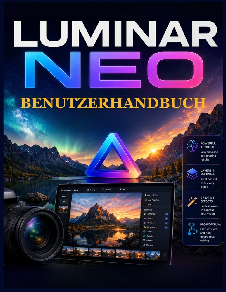 Luminar Neo Benutzerhandbuch: Lerne KI-gestützte Fotobearbeitung, RAW-Verarbeitung, Porträtretusche, Himmelaustausch, generative Bearbeitung und profe cover