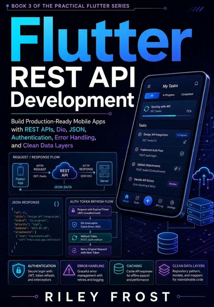 Flutter REST API Development: Build Production-Ready Mobile Apps with REST APIs, Dio, JSON, Authentication, Error Handling, and Clean Data Layers cover