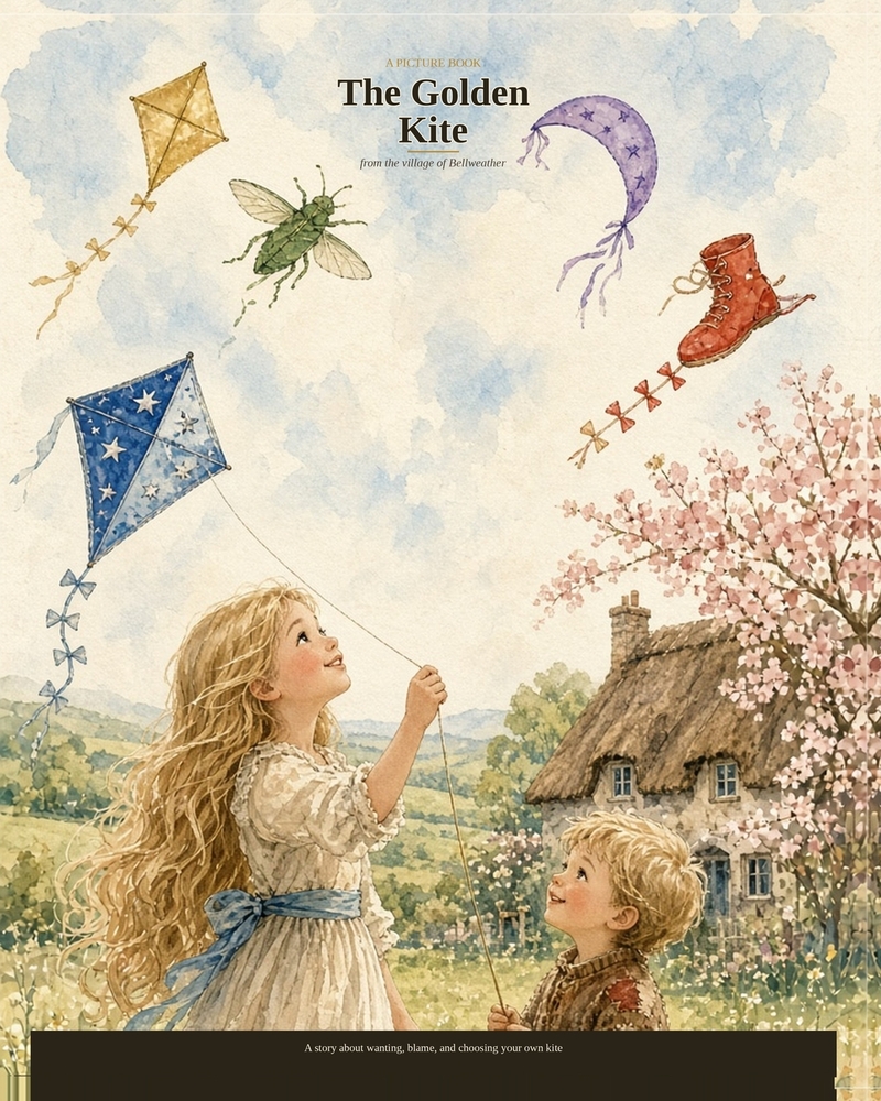 The Golden Kite Children's Book: A Springtime Tale of Wanting, Blame And The Kite We Choose For Ourselves cover