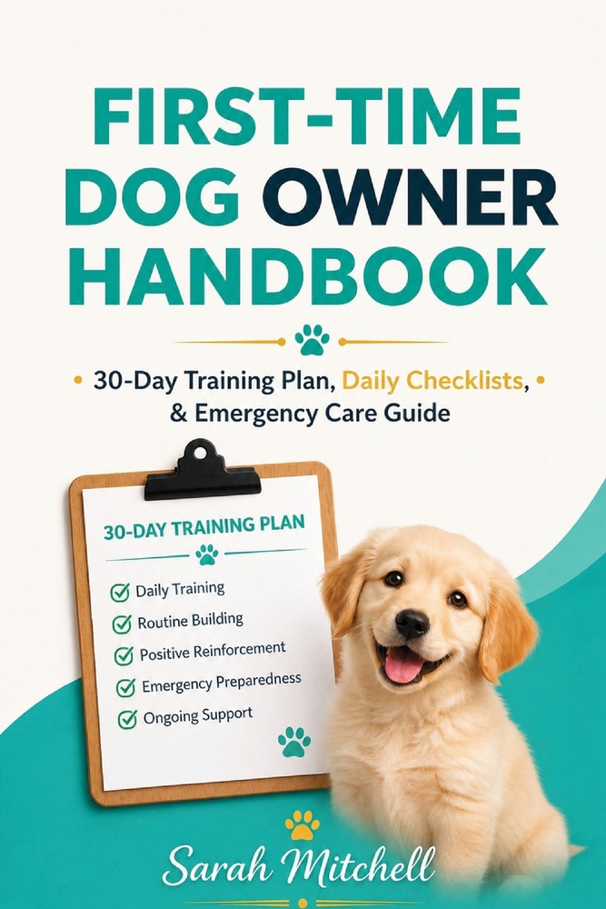 First-Time Dog Owner Handbook: 30-Day Training Plan, Daily Checklists & Emergency Care Guide cover