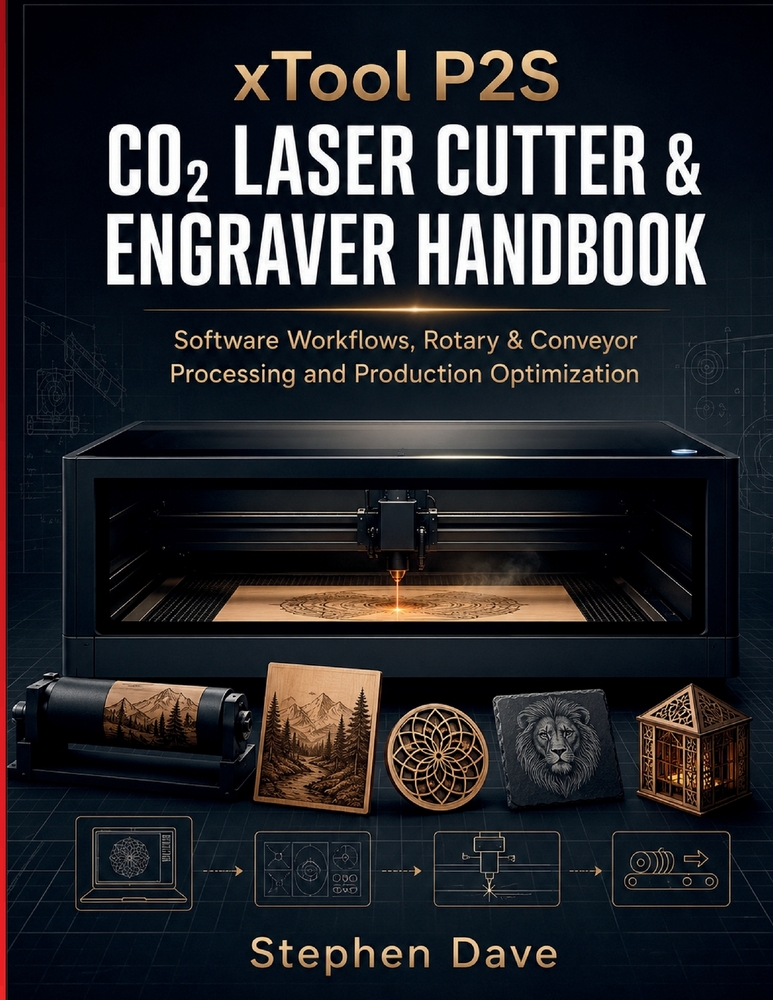 xTool P2S CO₂ LASER CUTTER & ENGRAVER HANDBOOK: Software Workflows, Rotary & Conveyor Processing and Production Optimization cover