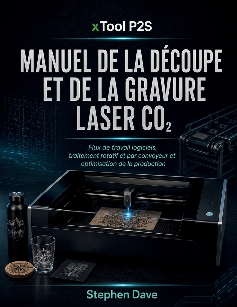 xTool P2S MANUEL DE LA DÉCOUPE ET DE LA GRAVURE LASER CO₂: Flux de travail logiciels, traitement rotatif et par convoyeur et optimisation de la cover