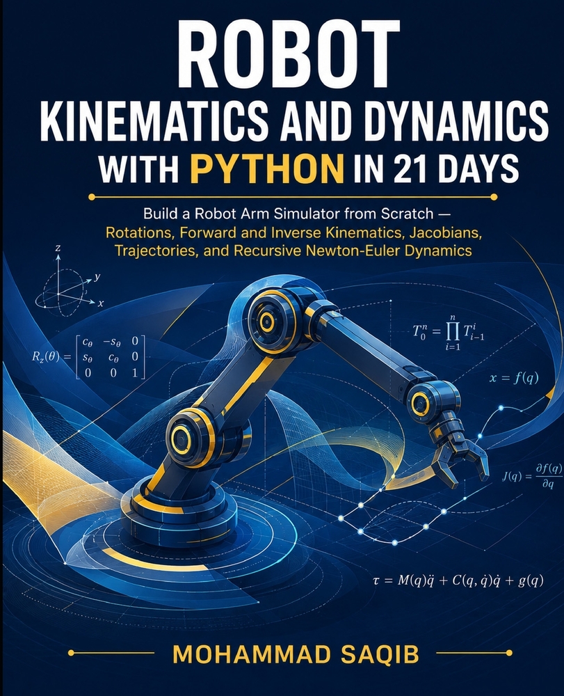 Robot Kinematics and Dynamics with Python in 21 Days: A Hands-On Course in Rotations, Forward and Inverse Kinematics, Jacobians, Trajectories, and Rec cover