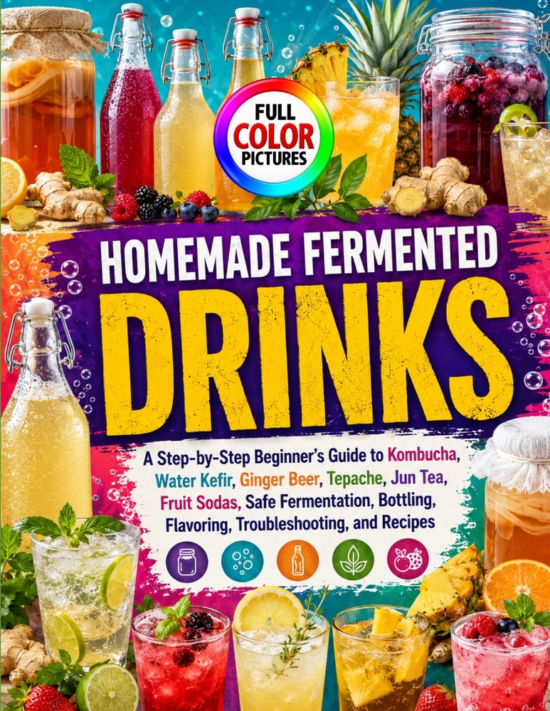 Homemade Fermented Drinks: A Step-by-Step Beginner's Guide to Kombucha, Water Kefir, Ginger Beer, Tepache, Jun Tea, Fruit Sodas, Safe Fermentation, Bo cover