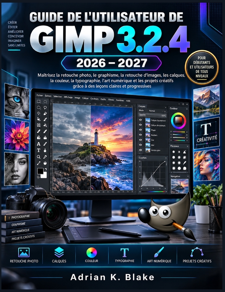 Guide de l'Utilisateur de Gimp 3.2.4 2026-2027: Maîtrisez la retouche photo, le graphisme, les calques, la couleur et la typographie grâce à des leçon cover