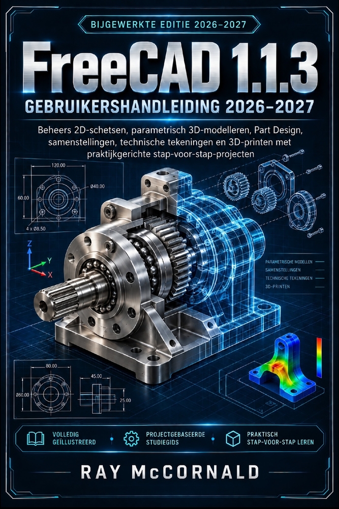 FreeCAD 1.1.3 Gebruikershandleiding 2026-2027: Beheers 2D-schetsen, parametrisch 3D-modelleren, onderdeelontwerp, assemblages, technische tekeningen e cover