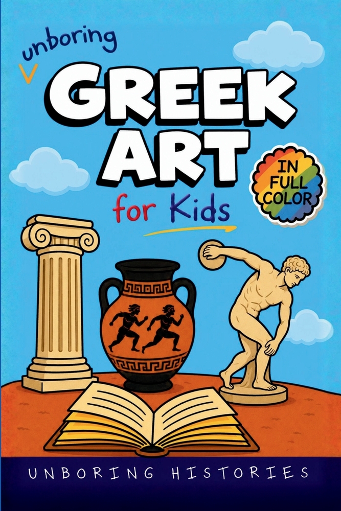 Unboring Greek Art for Kids: Funny, Interesting, Concise Guide to Ancient Greece's Wild Art, Epic Temples, Strange Statues, and Surprising Masterpiece cover