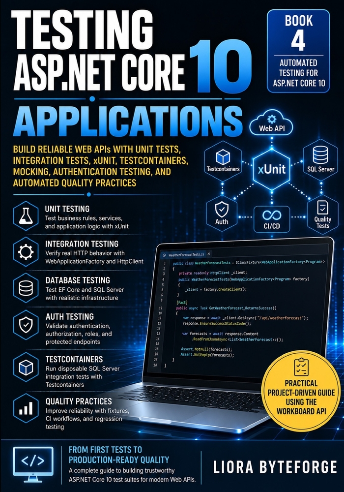 Testing ASP.NET Core 10 Applications: Build Reliable Web APIs with Unit Tests, Integration Tests, xUnit, Testcontainers, Mocking, Authentication Testi cover