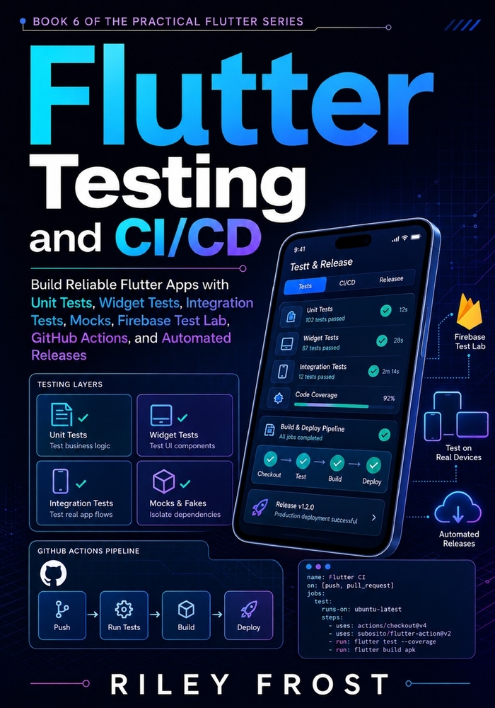 Flutter Testing and CI/CD: Build Reliable Flutter Apps with Unit Tests, Widget Tests, Integration Tests, Mocks, Firebase Test Lab, GitHub Actions, and cover