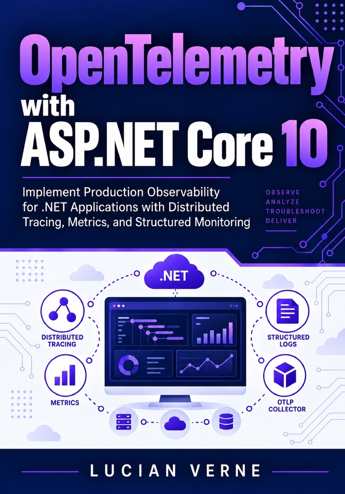 OpenTelemetry with ASP.NET Core 10: Implement Production Observability for .NET Applications with Distributed Tracing, Metrics, and Structured Monitor cover