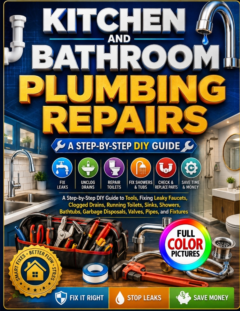 Kitchen and Bathroom Plumbing Repairs: A Step-by-Step DIY Guide to Tools, Fixing Leaky Faucets, Clogged Drains, Running Toilets, Sinks, Showers, Batht cover