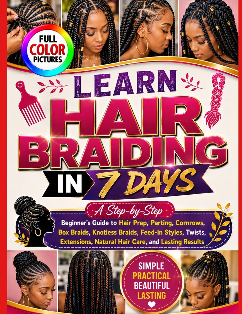 Learn Hair Braiding in 7 Days: A Step-by-Step Beginner's Guide to Hair Prep, Parting, Cornrows, Box Braids, Knotless Braids, Feed-In Styles, Twists, E cover