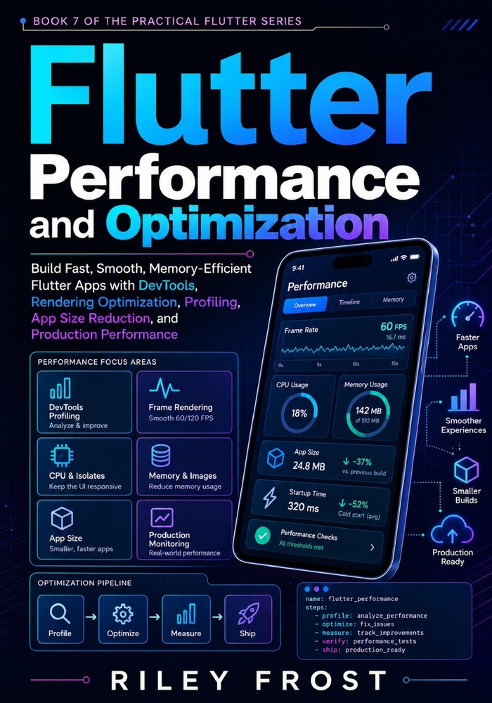 Flutter Performance and Optimization: Build Fast, Smooth, Memory-Efficient Flutter Apps with DevTools, Rendering Optimization, Profiling, App Size Red cover