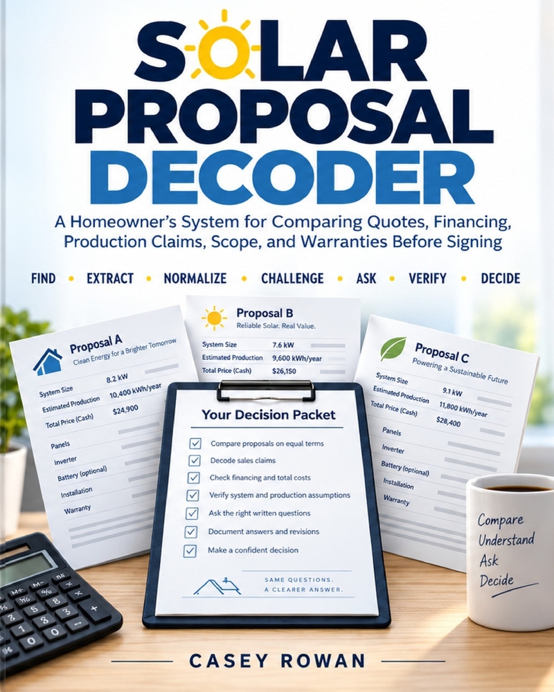 Solar Proposal Decoder: A Homeowner's System for Comparing Quotes, Financing, Production Claims, Scope, and Warranties Before Signing cover