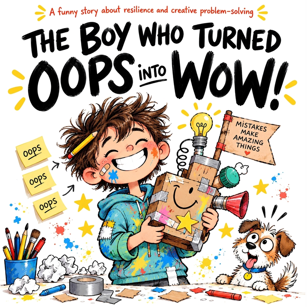 The Boy Who Turned Oops into Wow!: A Funny Growth Mindset Picture Book About Mistakes, Inventions, Creative Problem-Solving, and Trying Again for Kids cover