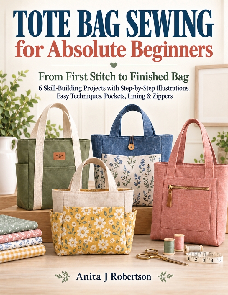 Tote Bag Sewing for Absolute Beginners: From First Stitch to Finished Bag 6 Skill-Building Projects with Step-by-Step Illustrations, Easy Techniques, cover