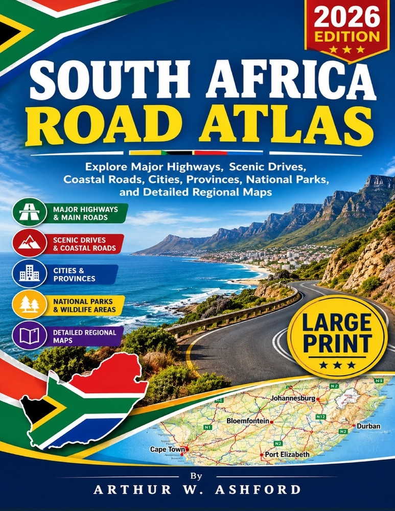 South Africa Road Atlas: Explore Major Highways, Scenic Drives, Coastal Roads, Cities, Provinces, National Parks, and Detailed Regional Maps cover