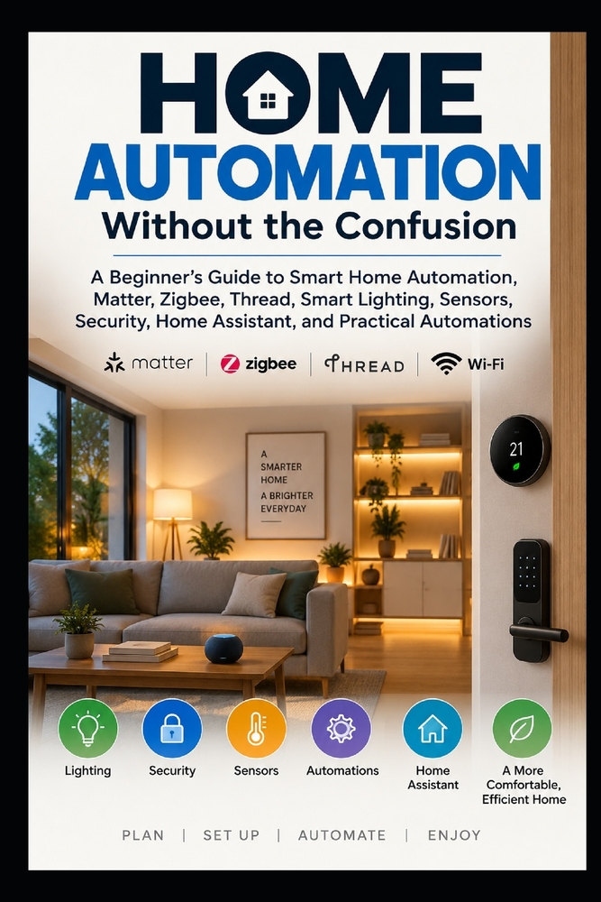 Home Automation Without the Confusion: A Practical Beginner's Guide to Smart Home Automations, Matter, Thread, Zigbee, Sensors, Lighting, Security, Tr cover