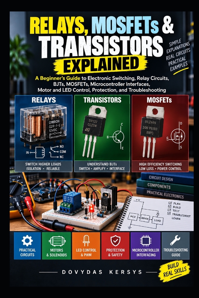 Relays, MOSFETs & Transistors Explained: A Practical Beginner's Guide to Electronic Switching, BJTs, MOSFETs, Relay Circuits, Load Control, Protection cover