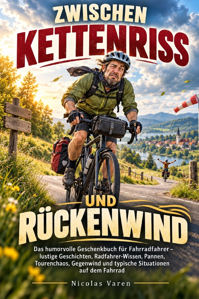 Zwischen Kettenriss und Rückenwind: Das humorvolle Geschenkbuch für Fahrradfahrer - lustige Geschichten, Radfahrer-Wissen, Pannen, Tourenchaos, Gegenw cover
