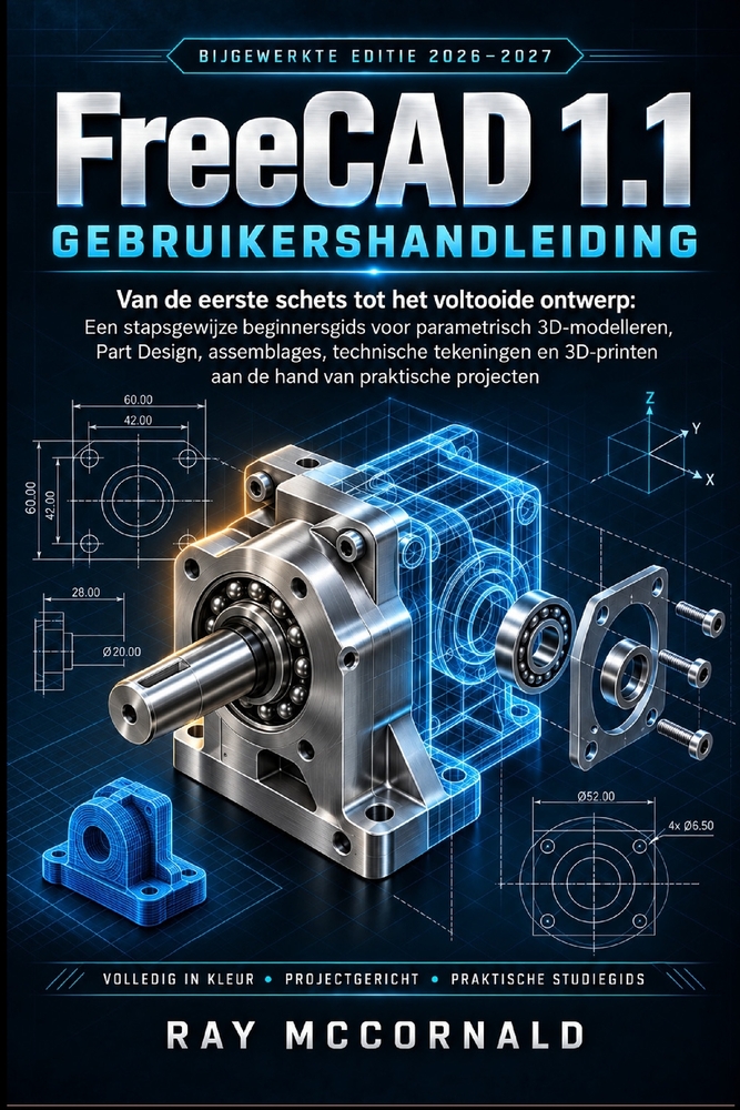 FreeCAD 1.1 Gebruikershandleiding 2026-2027: Van eerste schets tot afgewerkt ontwerp: een stapsgewijze handleiding voor beginners over parametrisch 3D cover