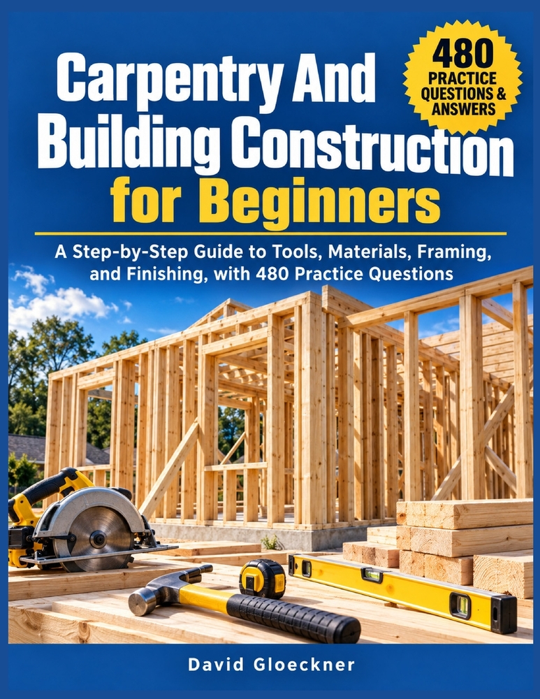 Carpentry And Building Construction for Beginners: A Step-by-Step Guide to Tools, Materials, Framing, and Finishing, with 480 Practice Questions cover