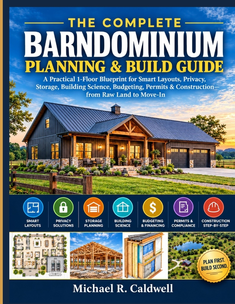 The Complete Barndominium Planning & Build Guide: A Practical 1-Floor Blueprint for Smart Layouts, Privacy, Storage, Building Science, Budgeting, Perm cover