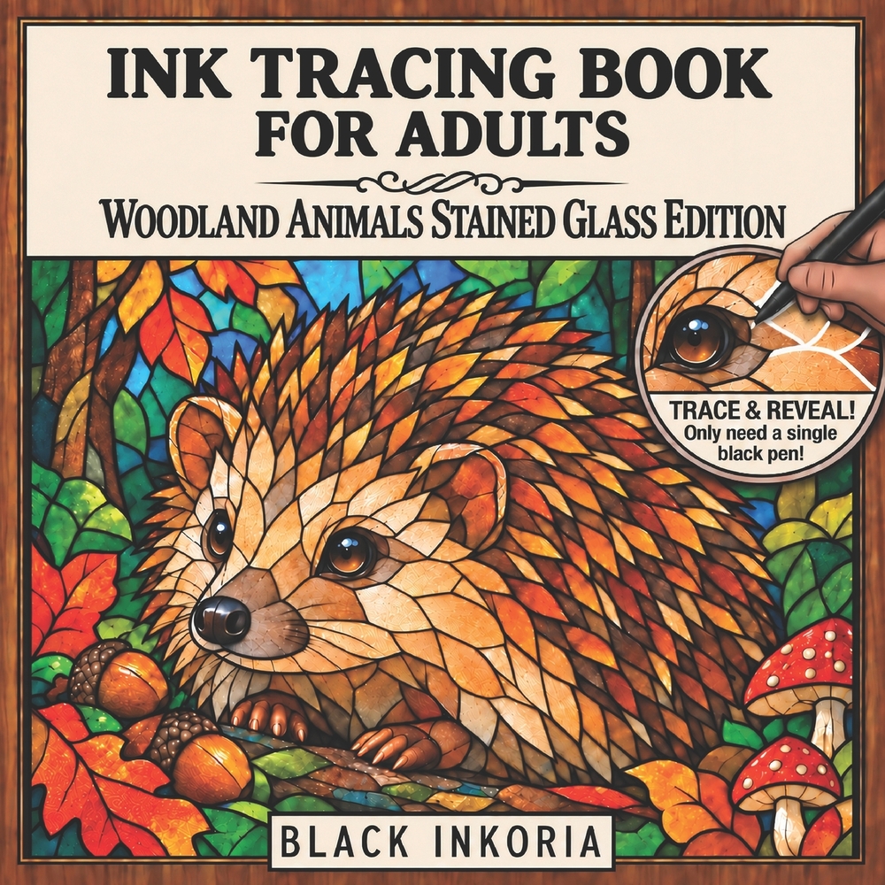 Ink Tracing Book for Adults - Woodland Animals Stained Glass Edition: Trace White Lines on 36 Forest Wildlife Designs with Nature-Inspired Backgrounds cover
