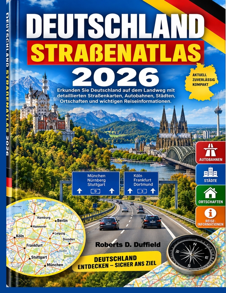 Deutschland Straßenatlas 2026: Erkunden Sie Deutschland auf dem Landweg mit detaillierten Straßenkarten, Autobahnen, Städten, Ortschaften und wichtige cover
