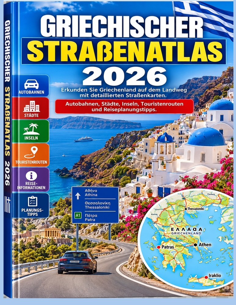 Griechischer Straßenatlas 2026: Erkunden Sie Griechenland auf dem Landweg mit detaillierten Straßenkarten. Autobahnen, Städte, Inseln, Touristenrouten cover