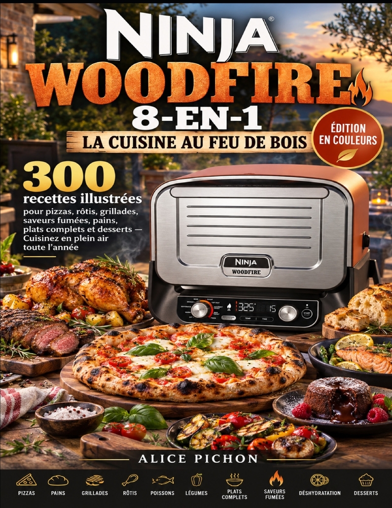Ninja Woodfire 8-en-1 - La Cuisine au Feu de Bois: 300 recettes illustrées pour pizzas, rôtis, grillades, saveurs fumées, pains, plats complets et des cover