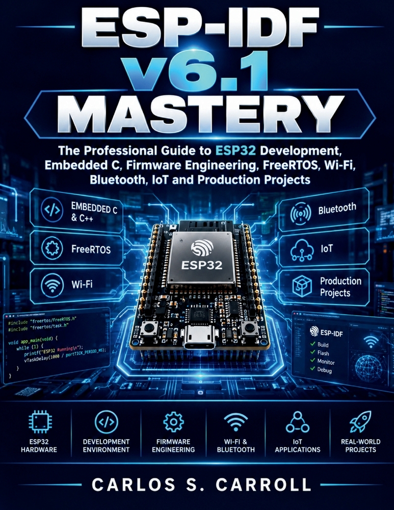 ESP-IDF v6.1 Mastery: The Professional Guide to ESP32 Development, Embedded C, Firmware Engineering, FreeRTOS, Wi-Fi, Bluetooth, IoT and Production Pr cover