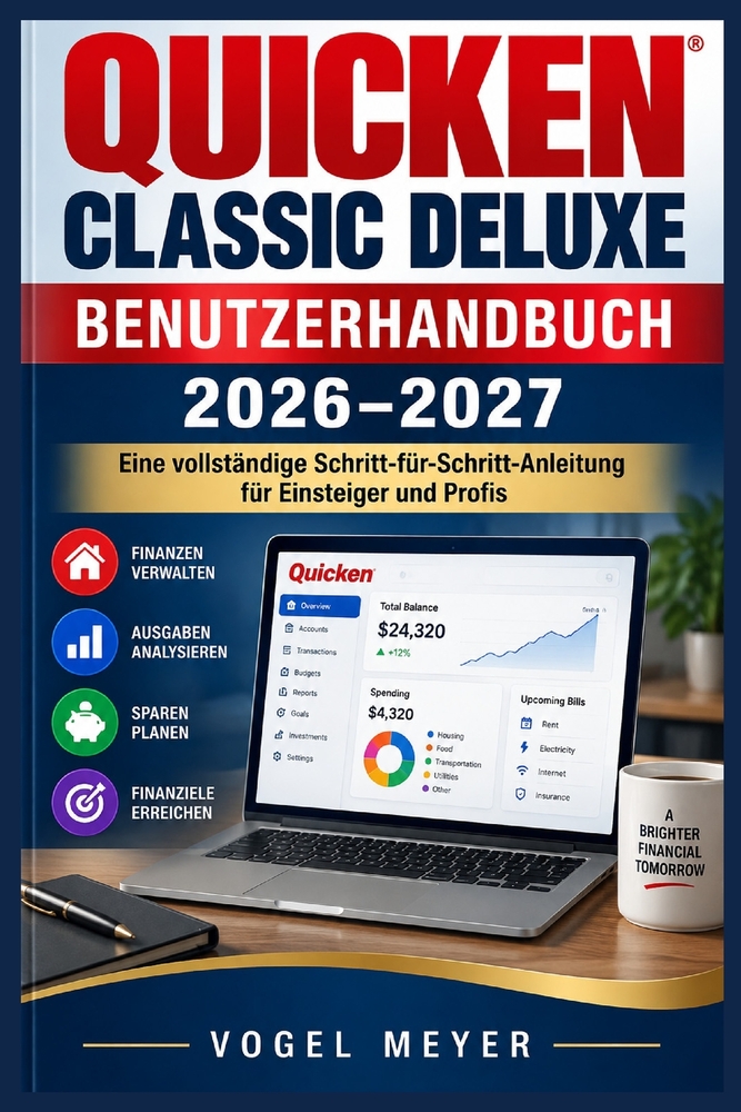 Quicken Classic Deluxe Benutzerhandbuch 2026-2027: Konten verknüpfen, Haushaltsziele steuern, Transaktionen prüfen, Berichte nutzen und Vermögen zuver cover