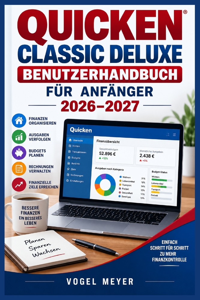 Quicken Classic Deluxe Benutzerhandbuch für Anfänger 2026-2027: Schrittweise Konten einrichten, Haushaltsbudgets steuern, Transaktionen ordnen, Berich cover