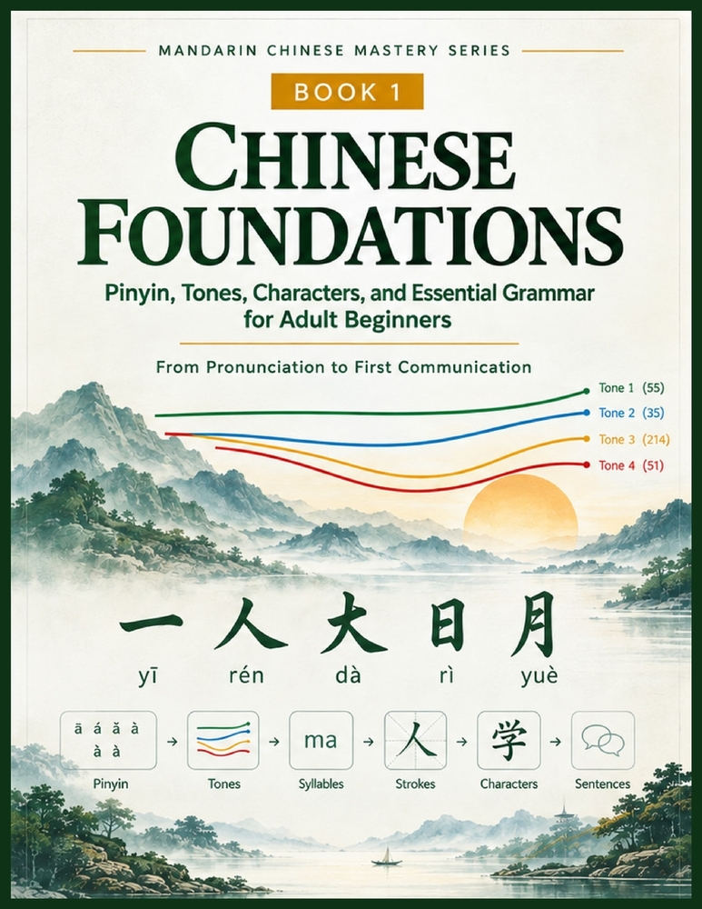 Mandarin Chinese Foundations: Pinyin, Tones, Chinese Characters, and Essential Grammar for Adult Beginners cover