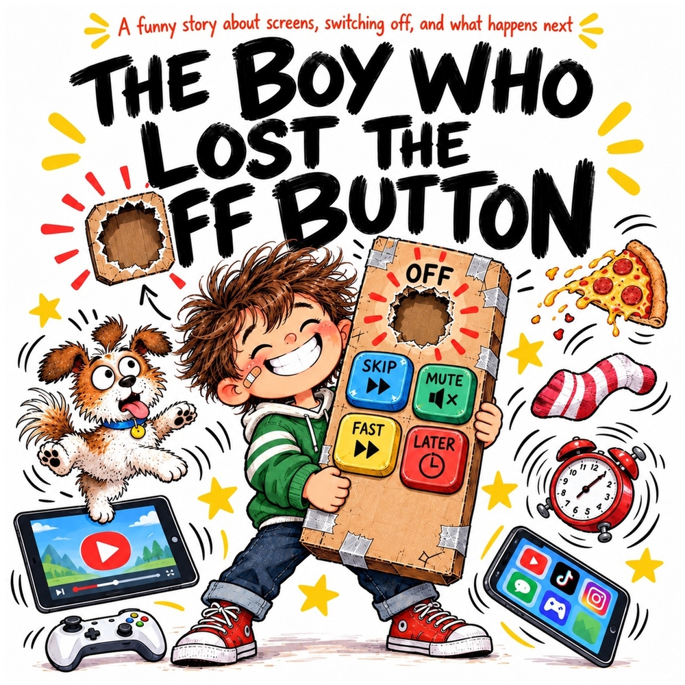 The Boy Who Lost the Off Button: A Funny Read-Aloud Picture Book About Screen Time, Buttons, and What Happens When Nothing Will Turn Off cover