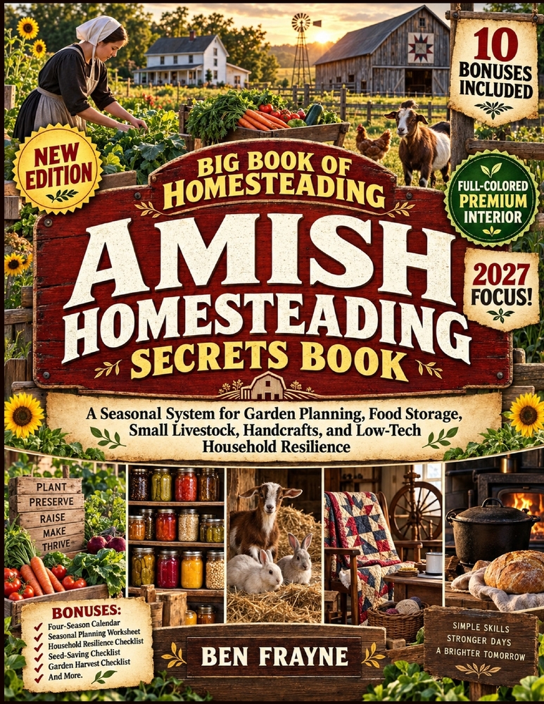 Amish Homesteading Secrets Book: A Seasonal System for Garden Planning, Food Storage, Small Livestock, Handcrafts, and Low-Tech Household Resilience cover