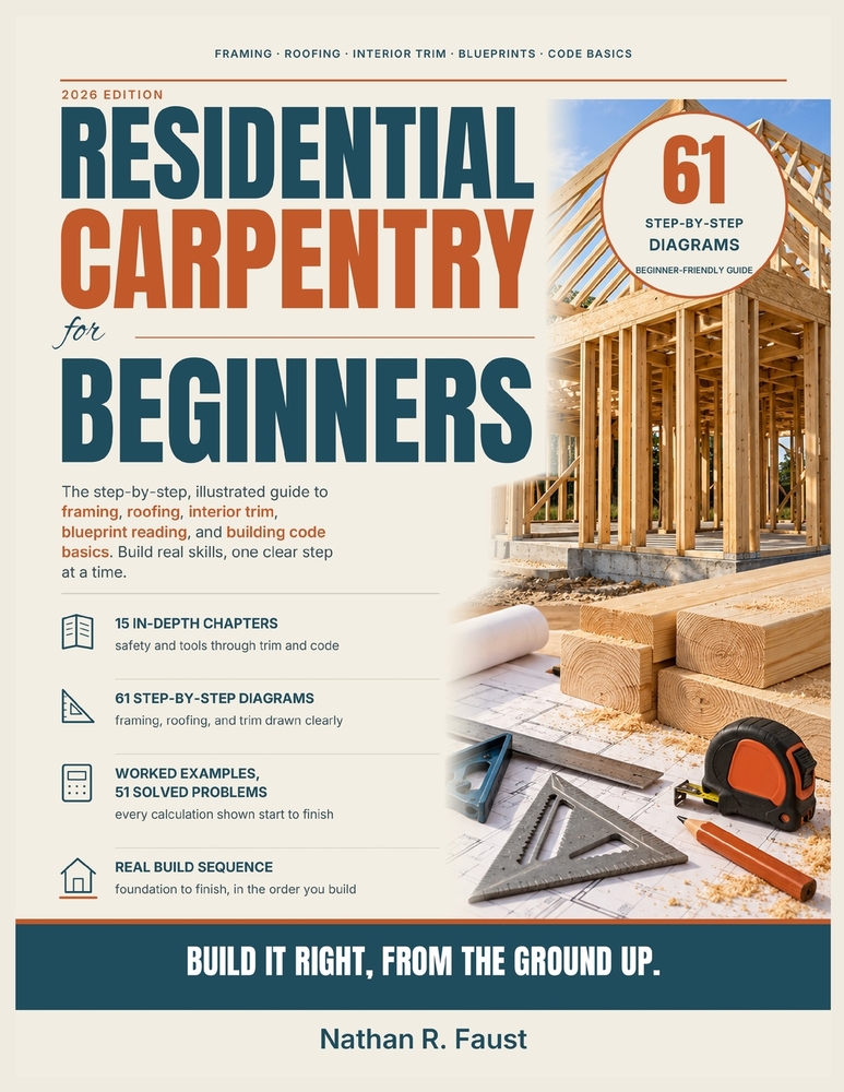 Residential Carpentry for Beginners: A Step-by-Step, Illustrated Guide to Framing, Roofing, Interior Trim, Blueprint Reading, and Building Code Basics cover