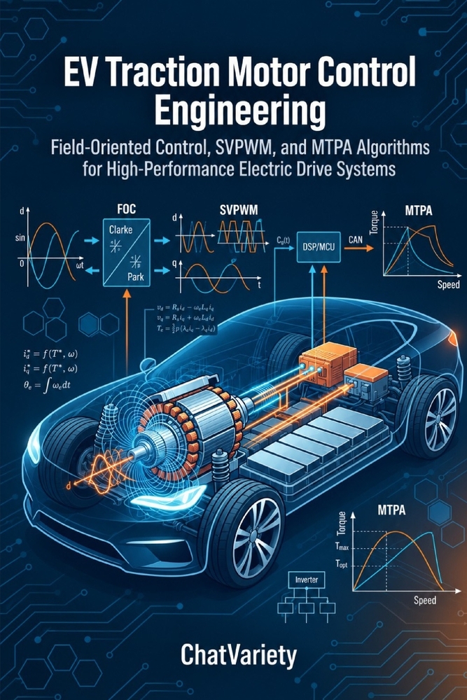 EV Traction Motor Control Engineering: Field-Oriented Control, SVPWM, and MTPA Algorithms for High-Performance Electric Drive Systems cover