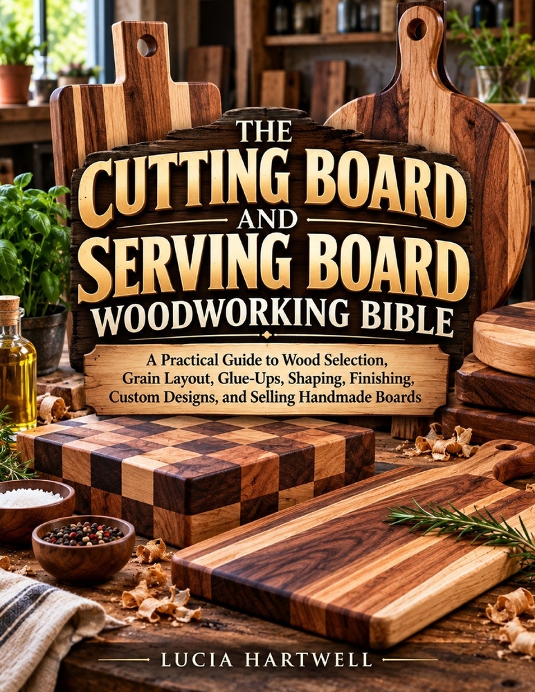 The Cutting Board and Serving Board Woodworking Bible: A Practical Guide to Wood Selection, Grain Layout, Glue-Ups, Shaping, Finishing, Custom Designs cover