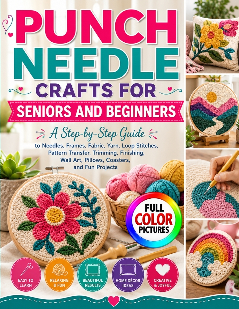 Punch Needle Crafts for Seniors and Beginners: A Step-by-Step Guide to Needles, Frames, Fabric, Yarn, Loop Stitches, Pattern Transfer, Trimming, Finis cover